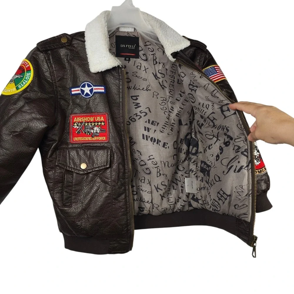 Da Fei Li Boys Bomber Jacket Size 10 Flight Aviator Faux Leather Patches Coat